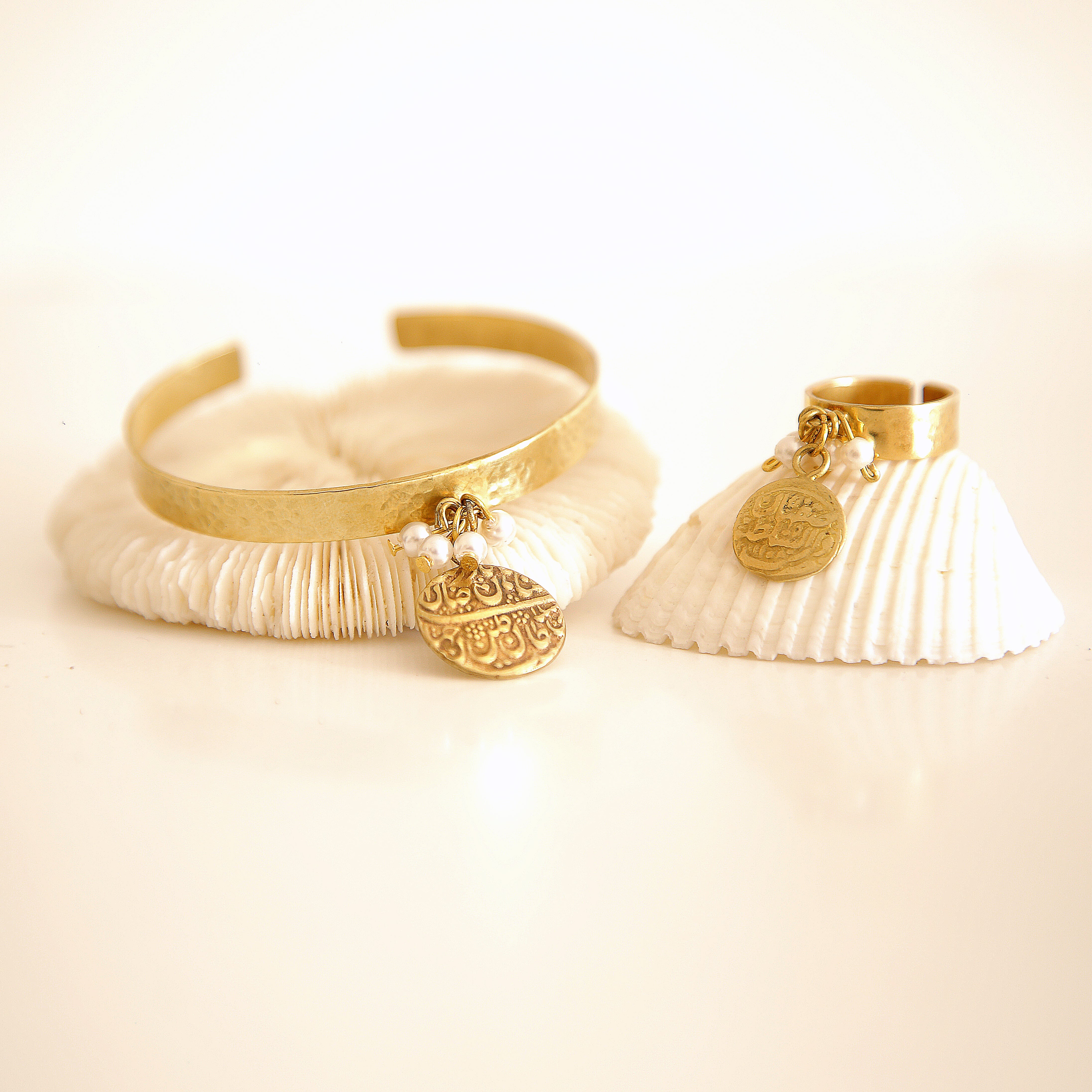 Persian Rings-Persian Brass Ring with Coin Charm and Pearl: Persian Jewelry-AFRA ART GALLERY