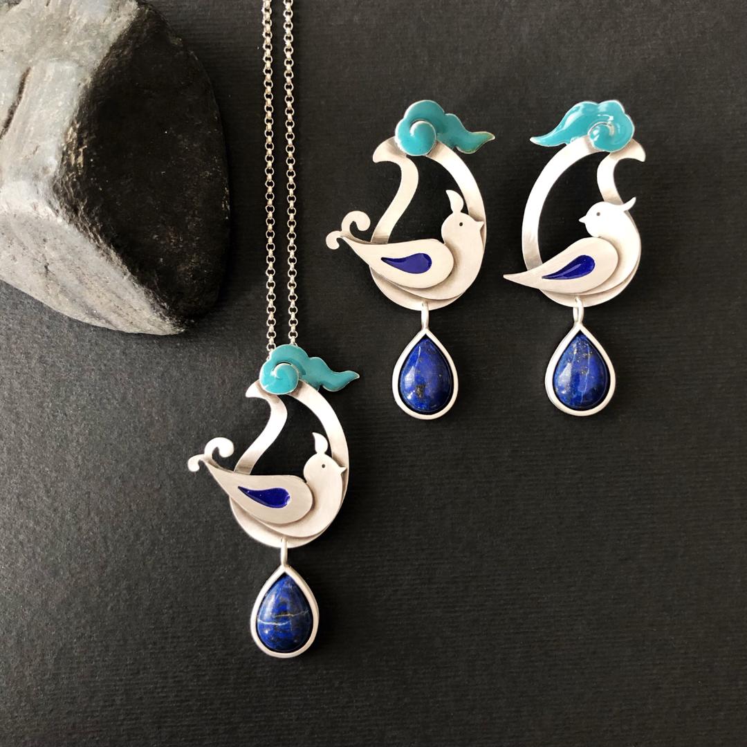 Persian Necklace Handmade Flower and Bird Necklace with Enamel and Lazuli: Persian Jewelry-AFRA ART GALLERY