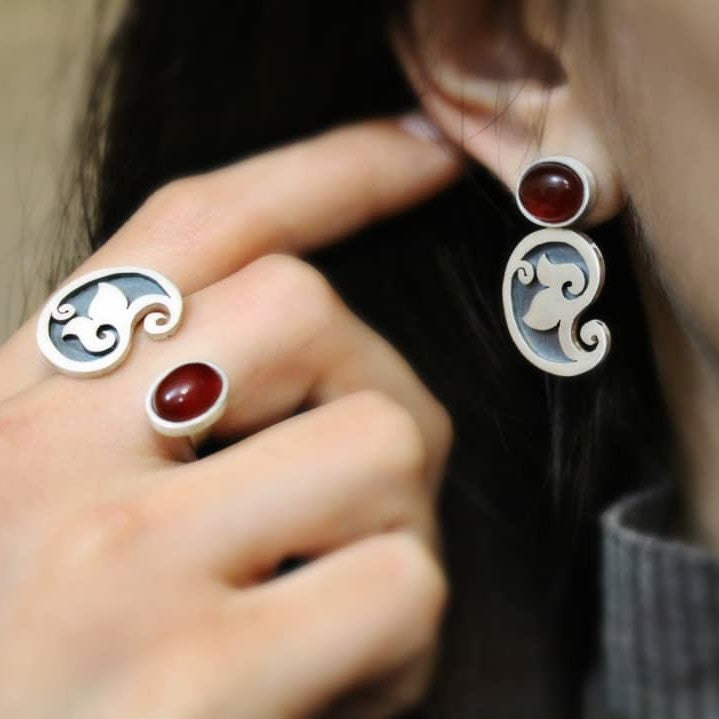 Persian Rings-Persian Paisley Silver Set with Brown Agate: Persian Jewelry-Afra Art Gallery