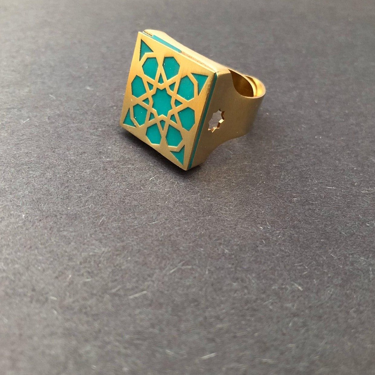 Persian Rings-Persian Brass Square Ring with Blue Pattern: Persian Jewelry-Afra Art Gallery