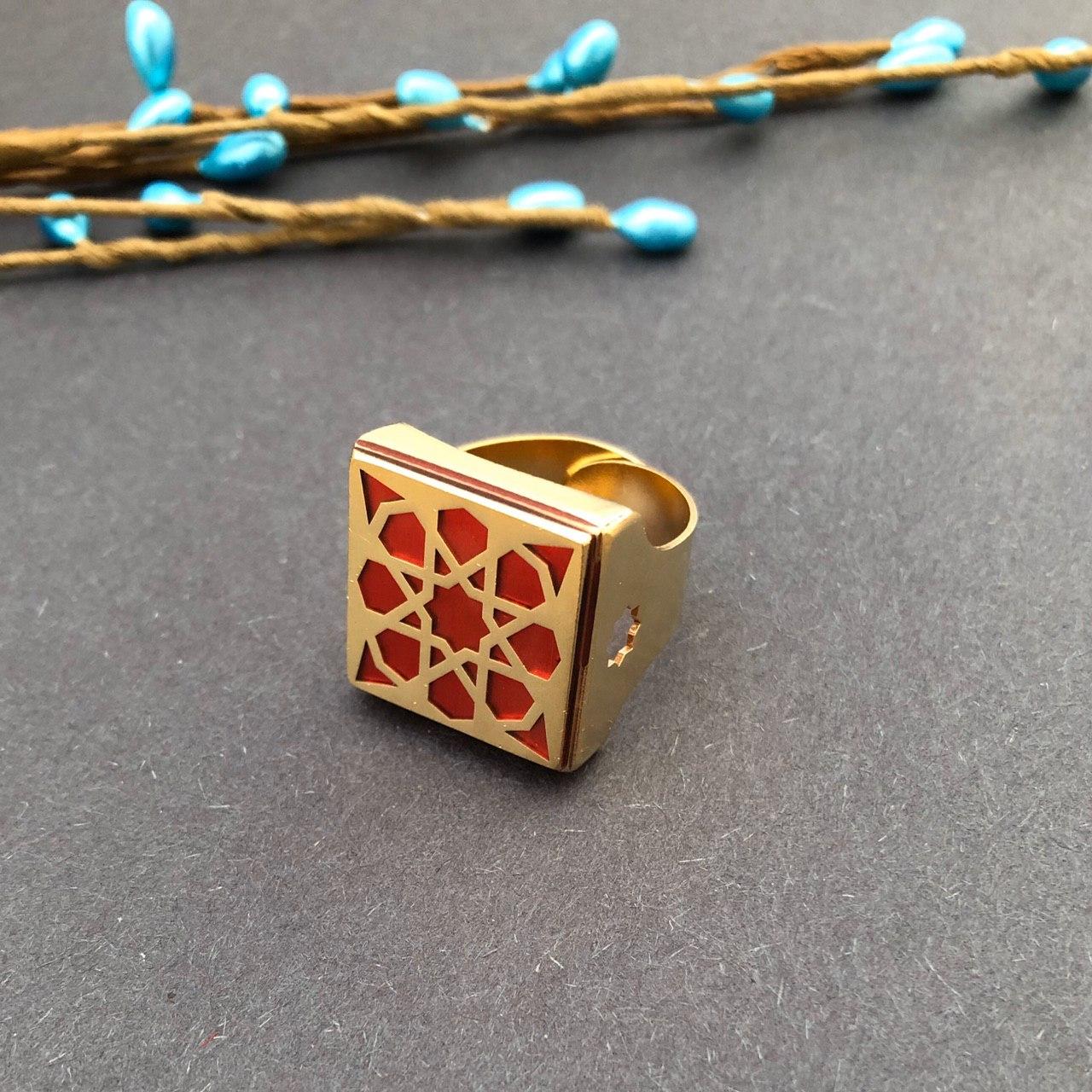 Persian Rings-Persian Brass Square Ring with Red Pattern: Persian Jewelry-Afra Art Gallery