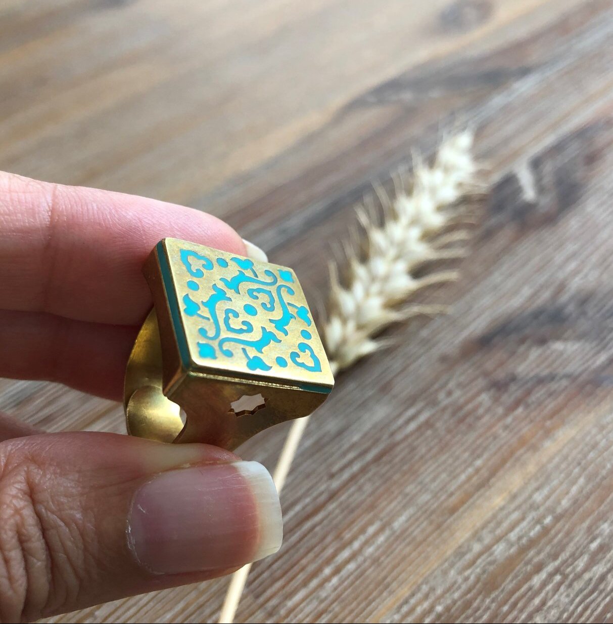 Persian Rings-Handmade Brass Square Ring with Persian Pattern: Persian Jewelry-Afra Art Gallery