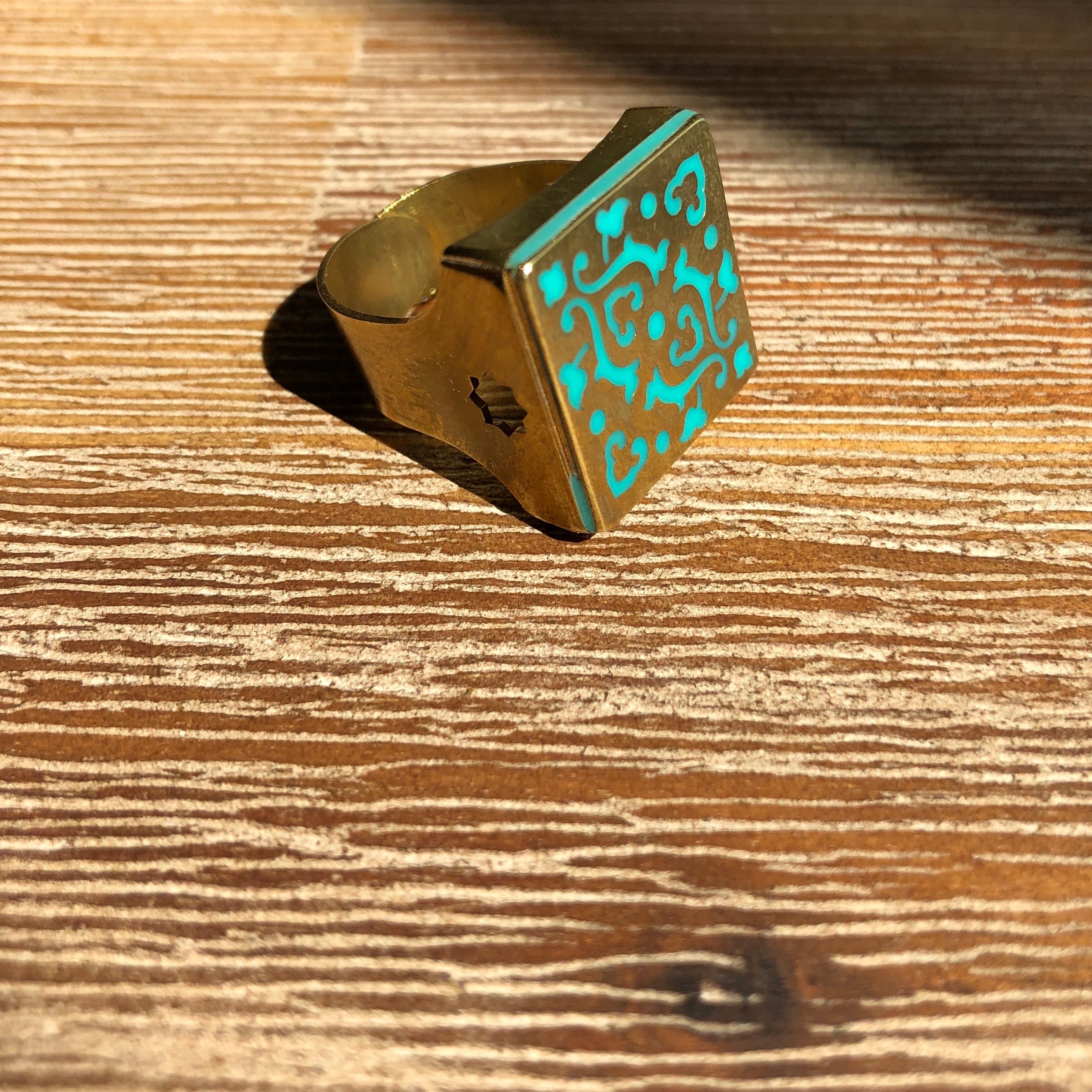 Persian Rings-Handmade Brass Square Ring with Persian Pattern: Persian Jewelry-Afra Art Gallery