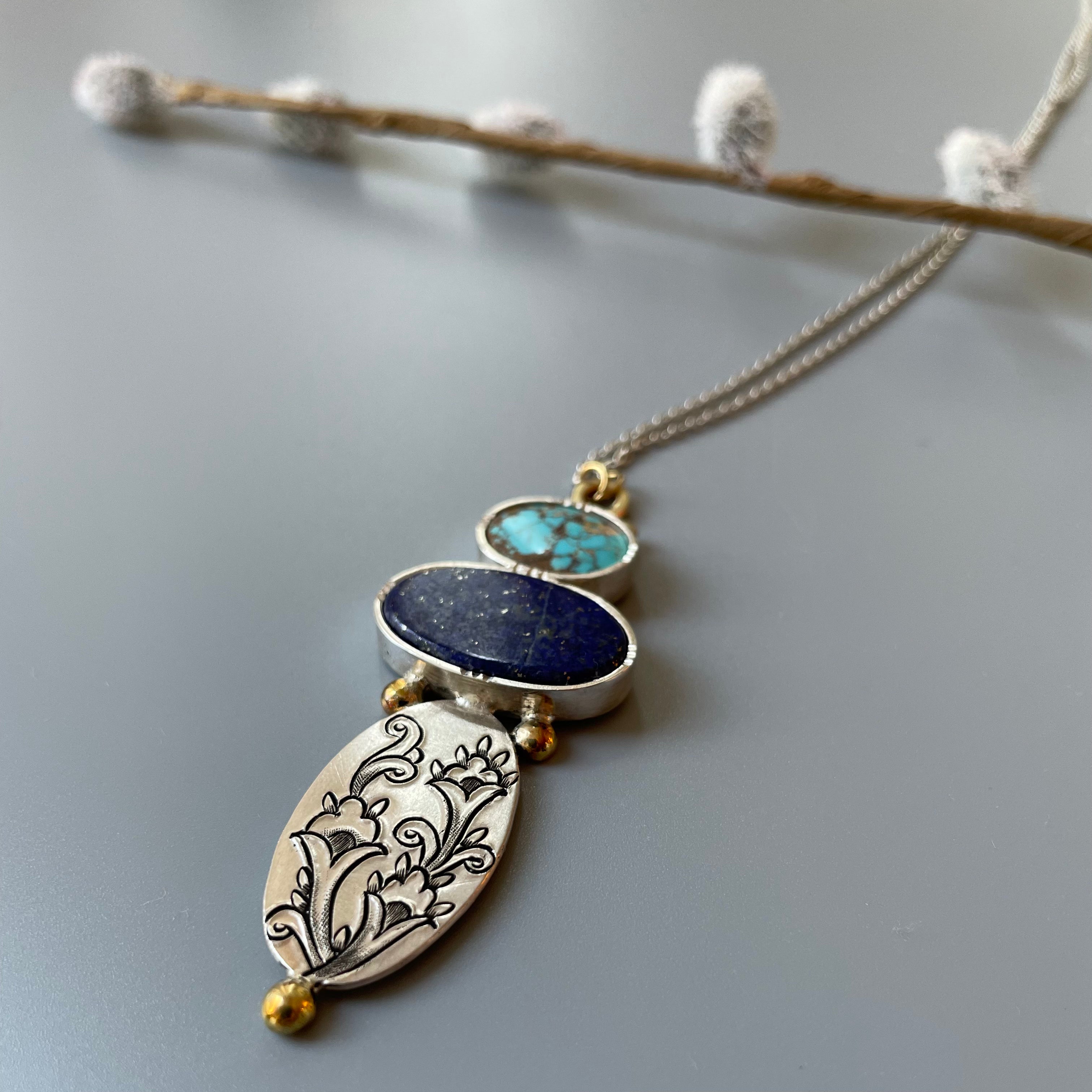 Persian Turquoise Jewelry-Handmade Silver Necklace with Persian Engraving and Natural Gemstone: Persian Jewelry-AFRA ART GALLERY
