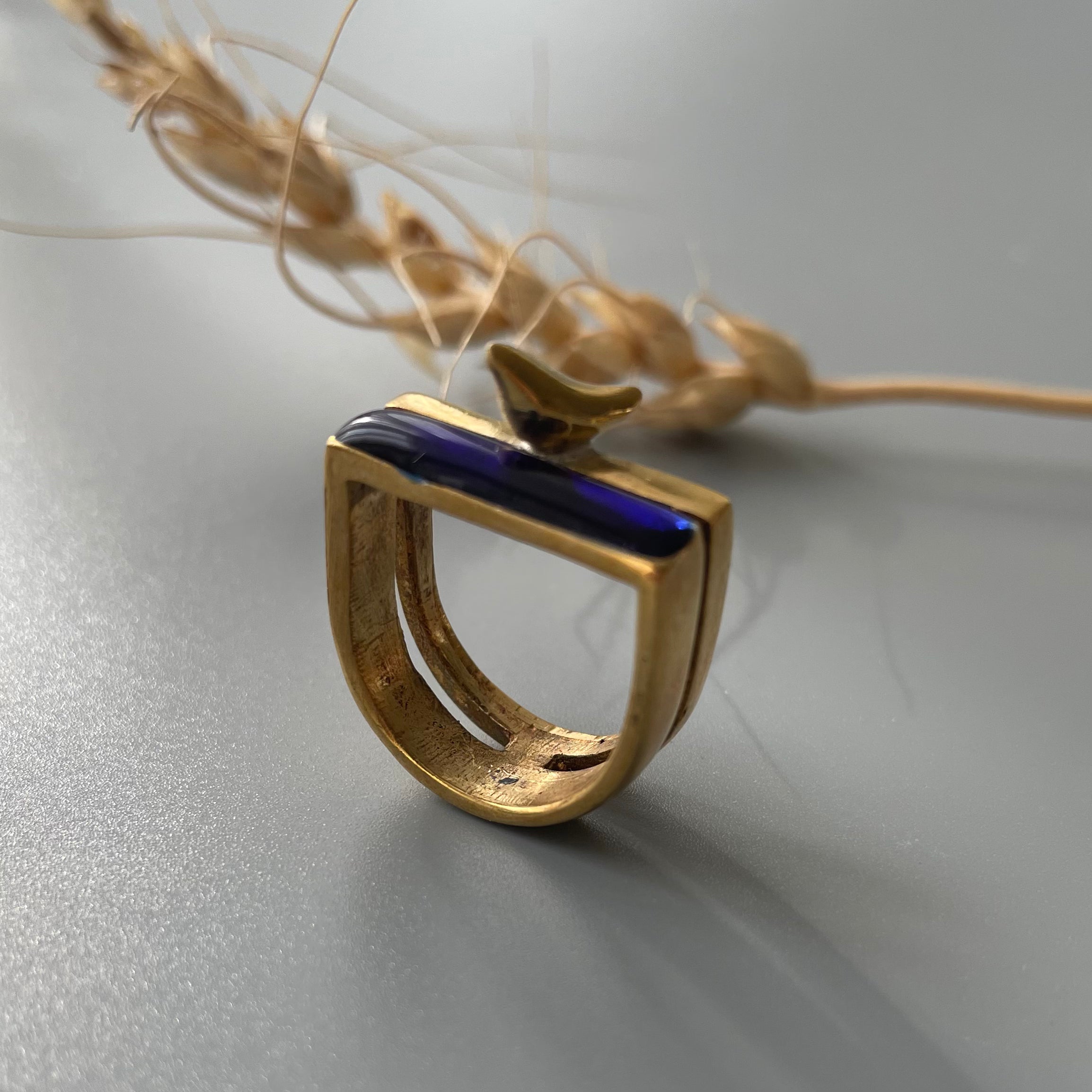 Persian Rings-Persian Brass Ring with Enamel in Dark Blue and Bird: Persian Jewelry-AFRA ART GALLERY