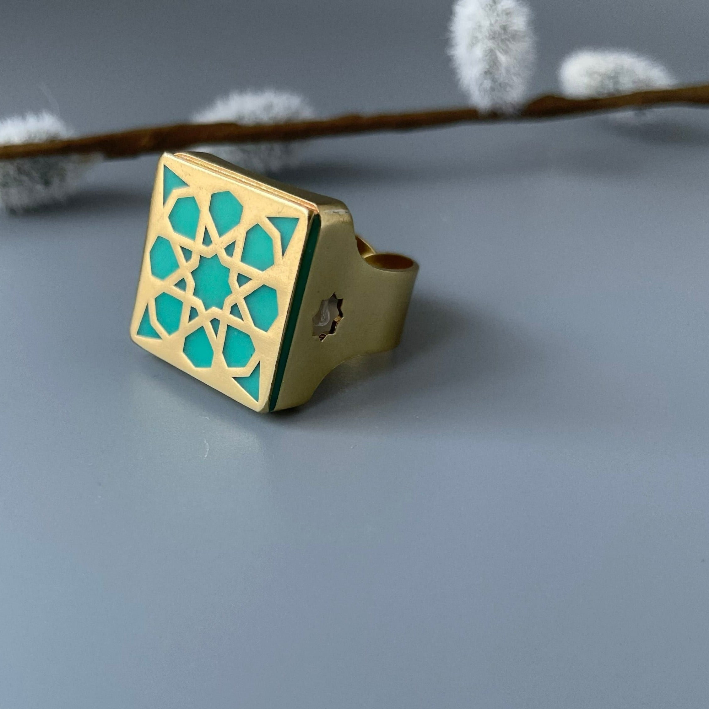 Persian Brass Square Ring with Blue Pattern - AFRA ART GALLERY