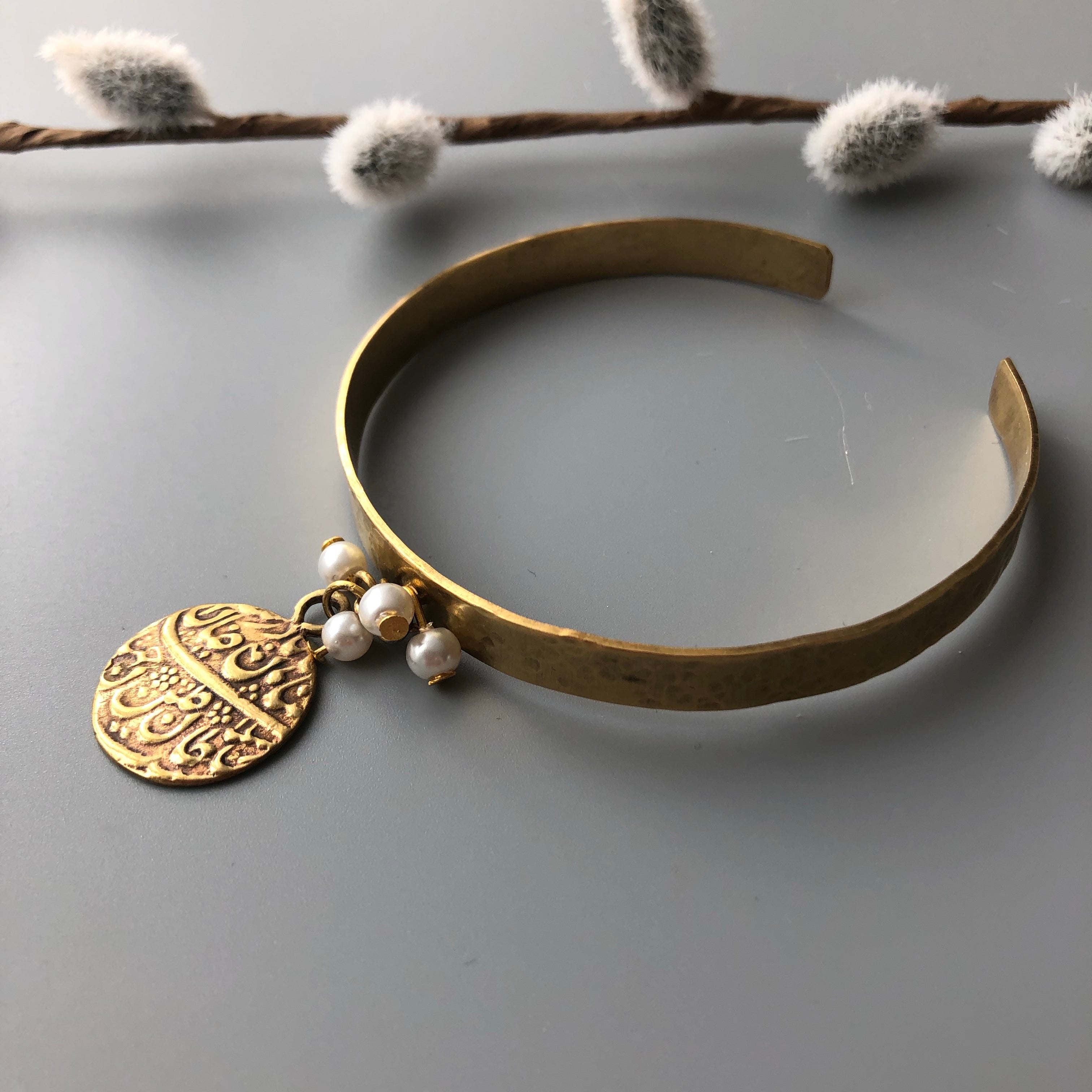 Persian Bracelets-Persian Brass Bracelet with Coin Charm and Pearl: Persian Jewelry-AFRA ART GALLERY