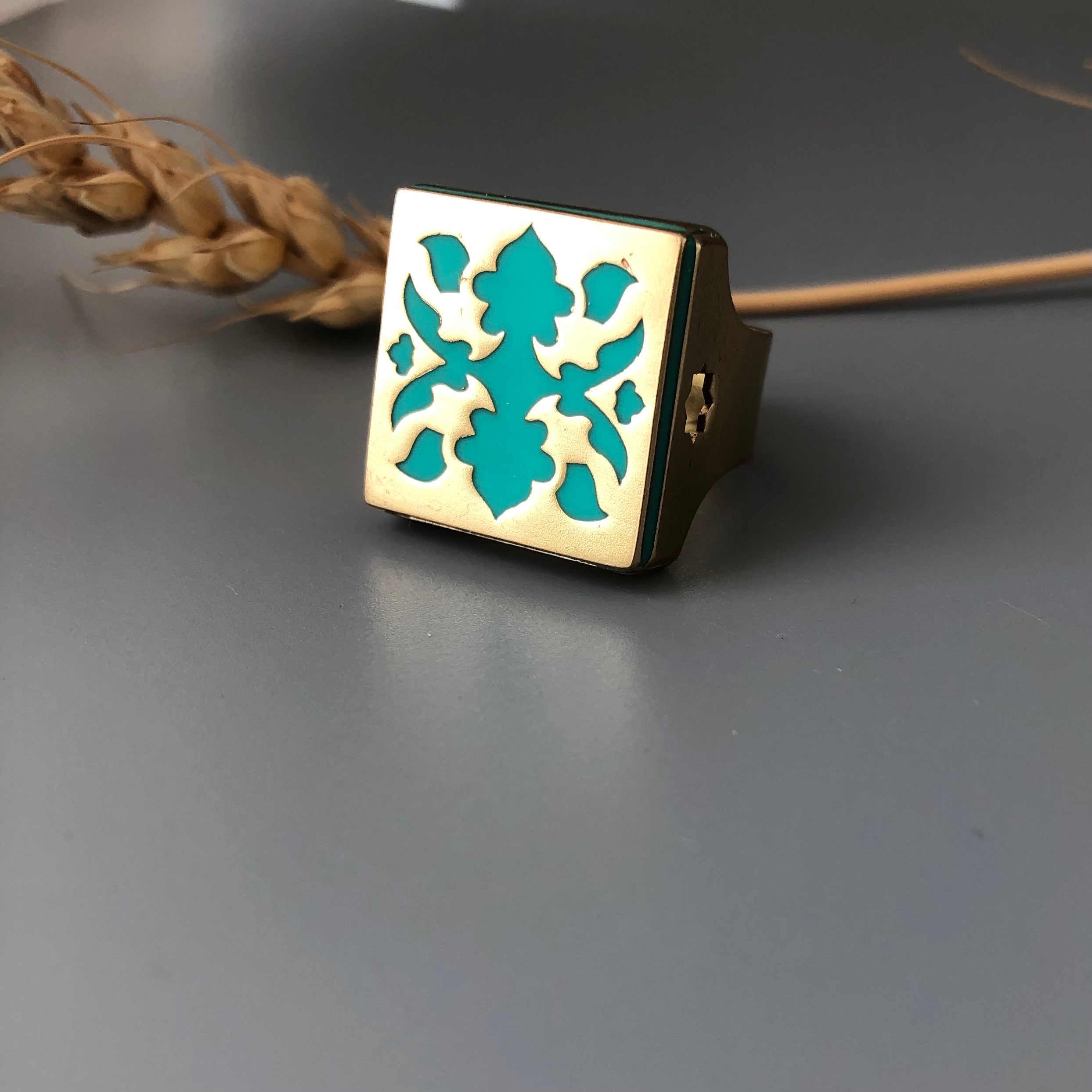 Nowruz Gift-Persian Brass Square Ring with Turquoise Blue Pattern:Persian Jewelry-Afra Art Gallery