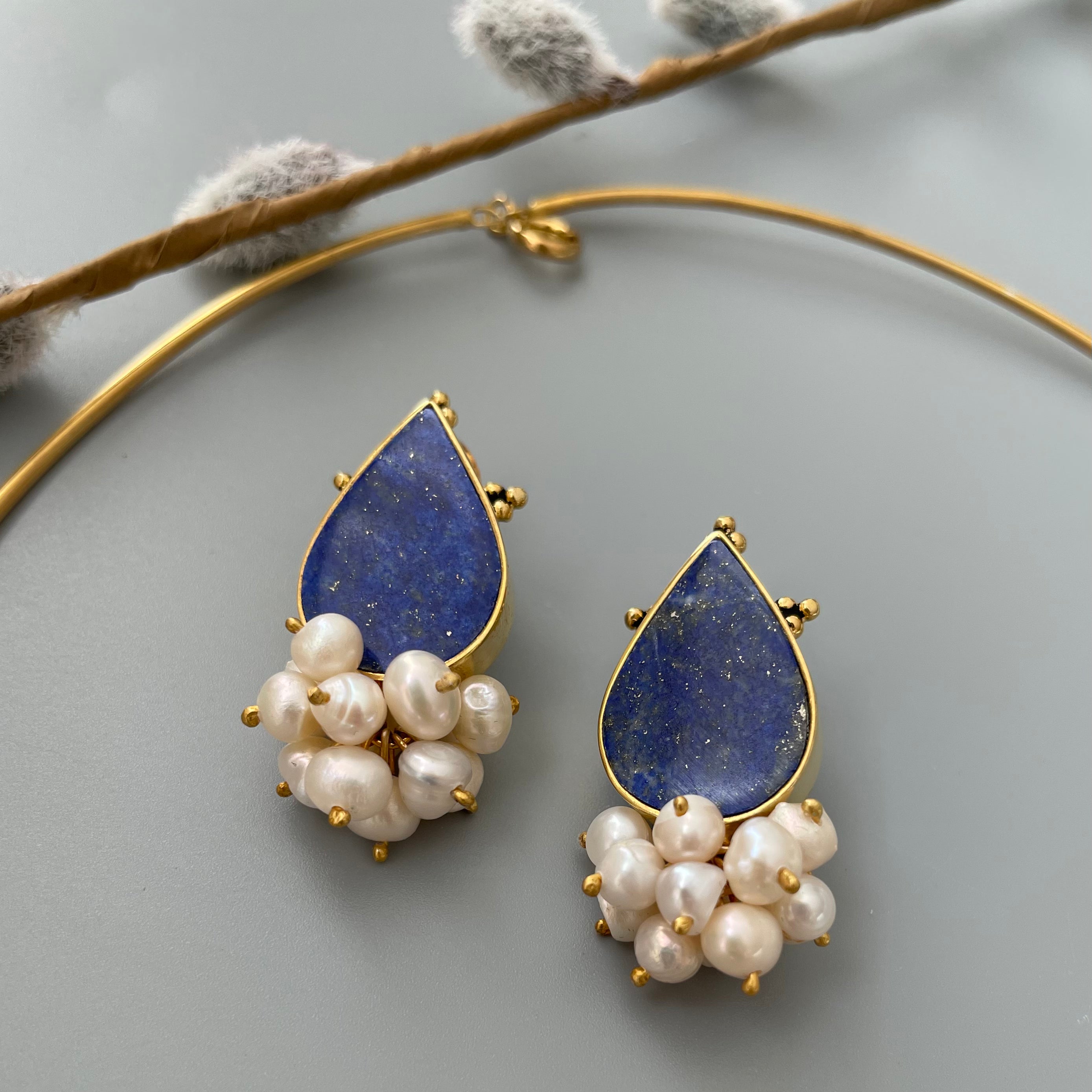 Persian Earrings-Handmade Silver Set with Natural Lapis:Persian Jewelry-AFRA ART GALLERY