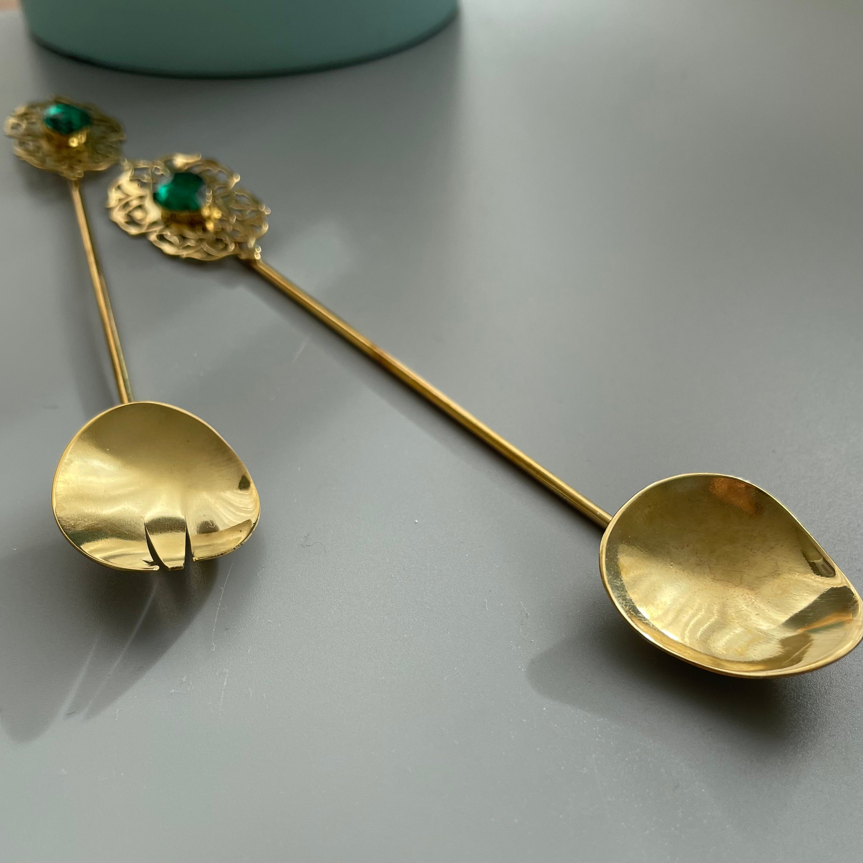 Decorative handmade Brass Spoon and Fork with Shiny Gemstone