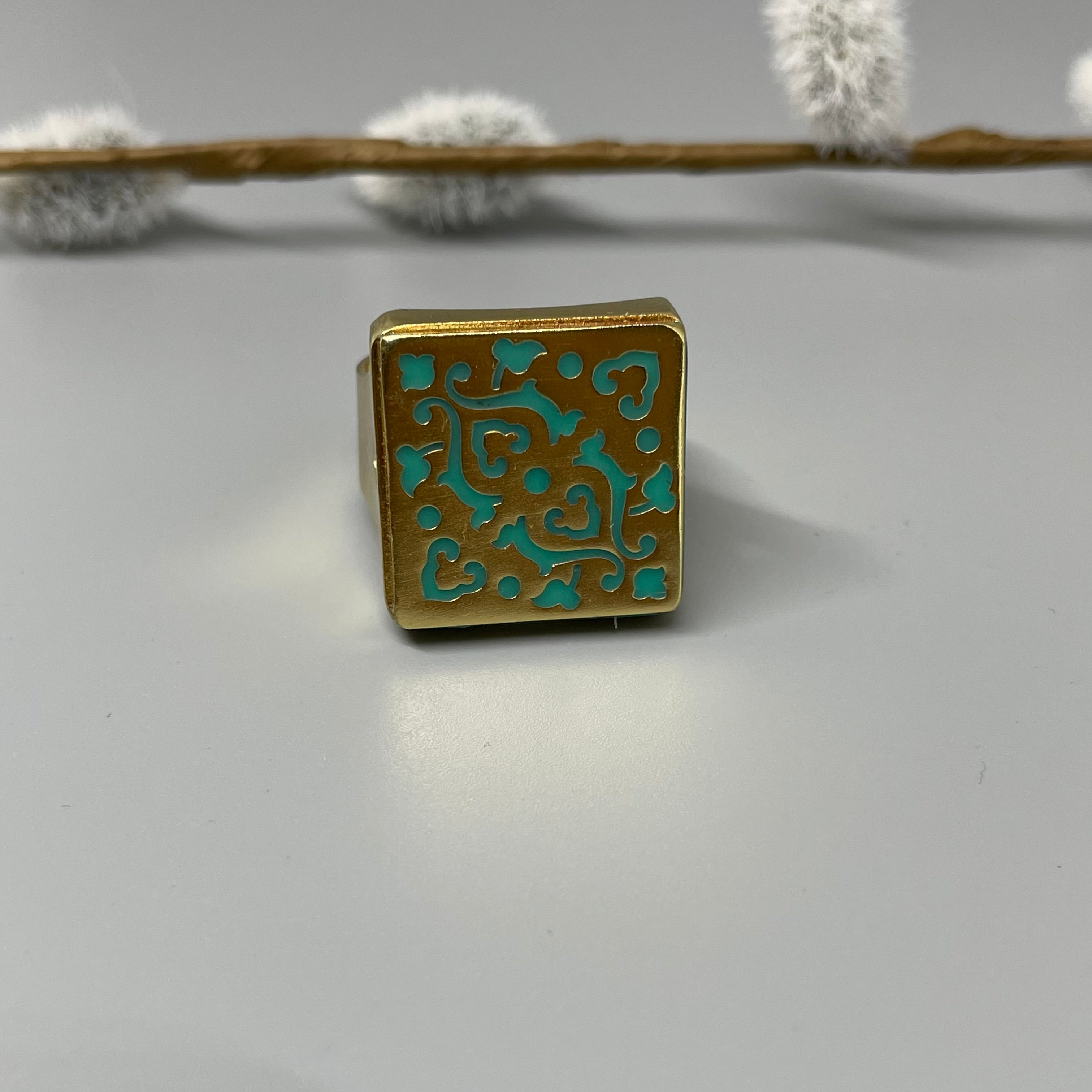 Handmade Brass Square Ring with Persian Pattern - AFRA ART GALLERY