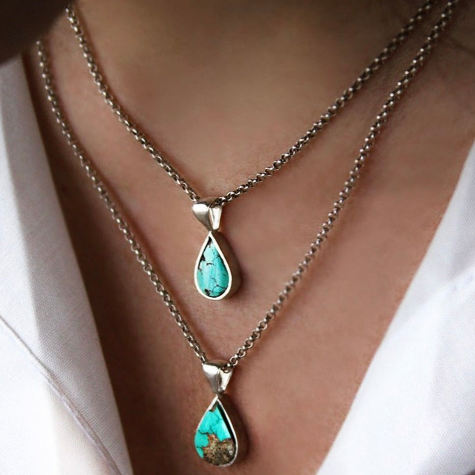 Persian Turquoise Jewelry-Handmade Minimal Silver Necklace Natural Turquoise: Persian Jewelry-AFRA ART GALLERY