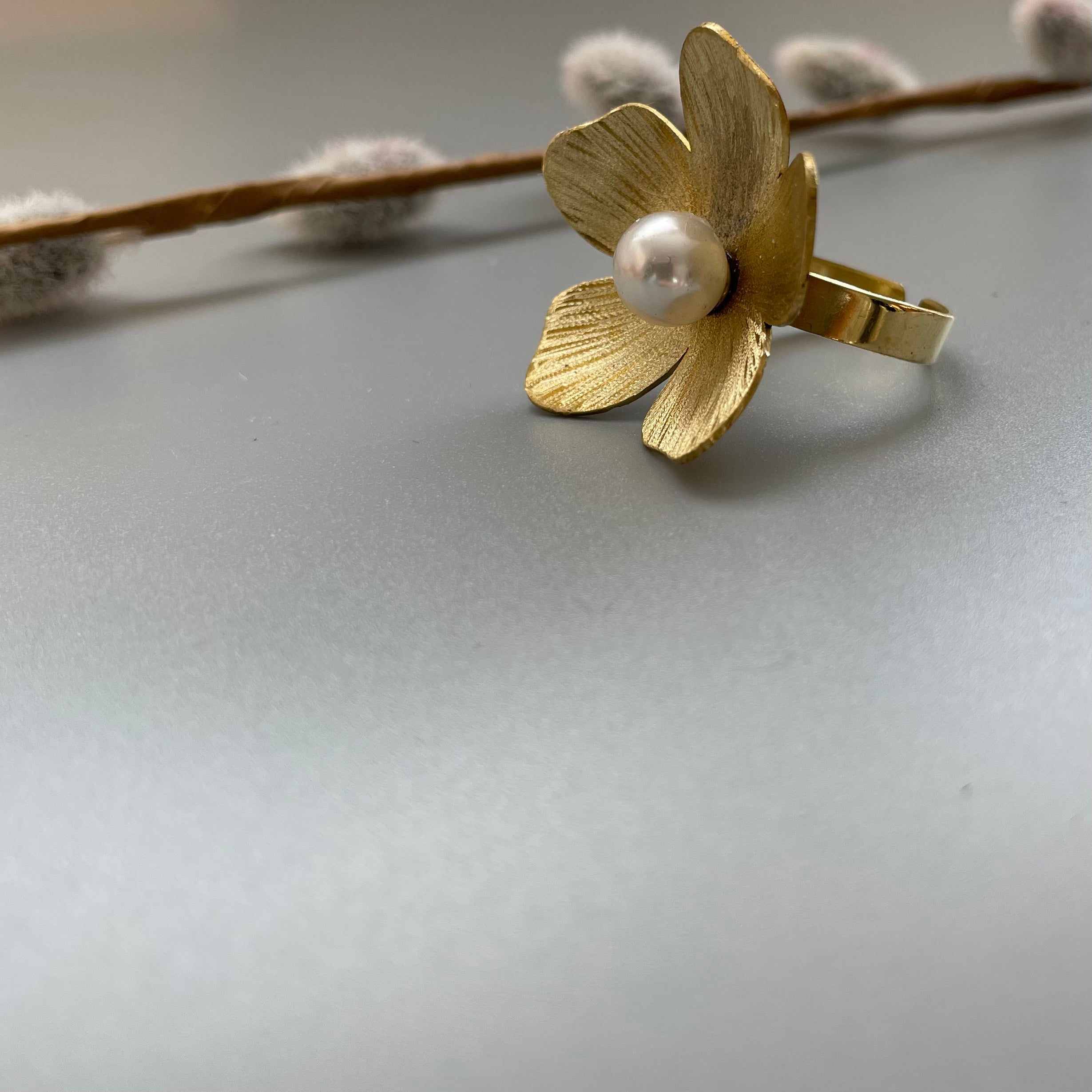 Persian Rings-Brass Flower Shaped Ring with Pearl: Persian Jewelry-AFRA ART GALLERY