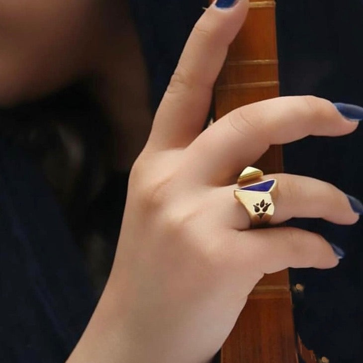 Persian Rings-Persian Brass Ring with Enamel in Dark Blue: Persian Jewelry-AFRA ART GALLERY