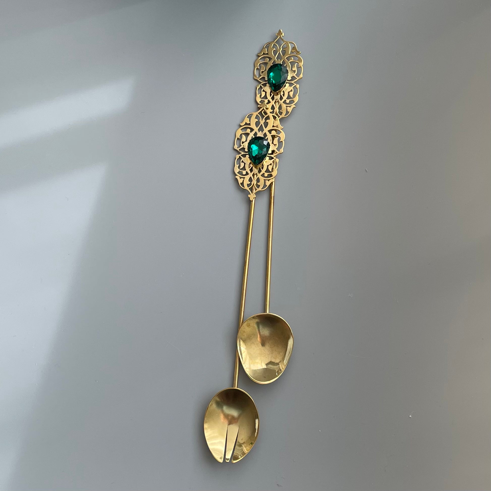 Decorative handmade Brass Spoon and Fork with Shiny Gemstone