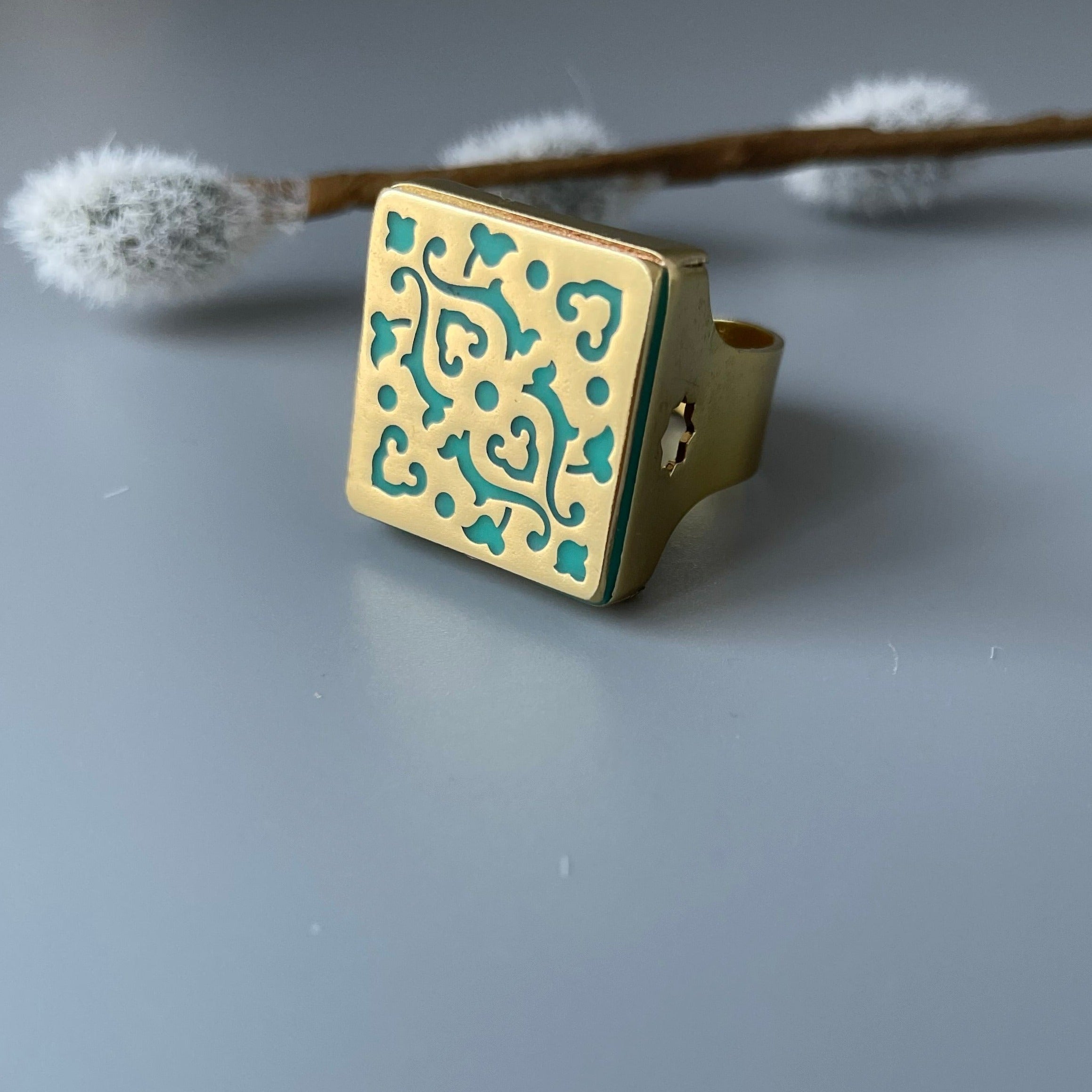 Handmade Brass Square Ring with Persian Pattern - AFRA ART GALLERY