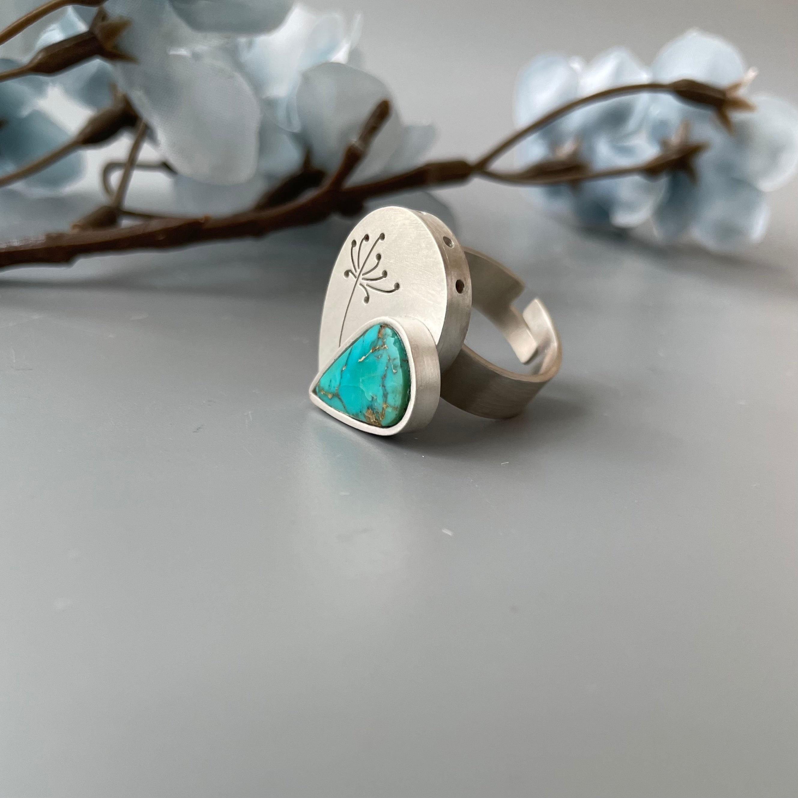 Persian Rings-Handmade Ring with Flower Pattern and Natural Turquoise: Persian Jewelry-AFRA ART GALLERY