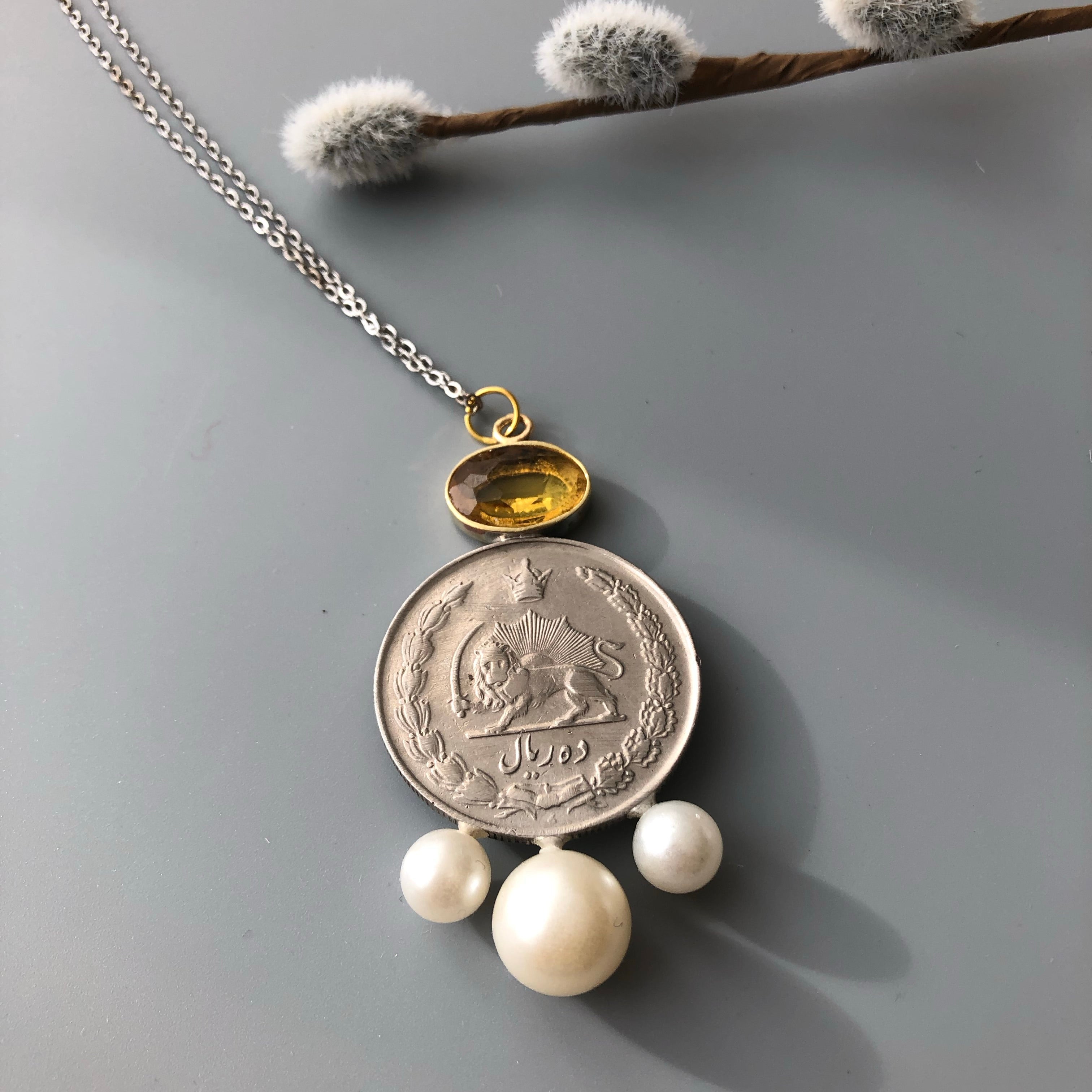 Persian Necklaces Persian Necklace with Yellow Gemstone and Pahlavi Coin:Persian Jewelry-A ART GALLERY