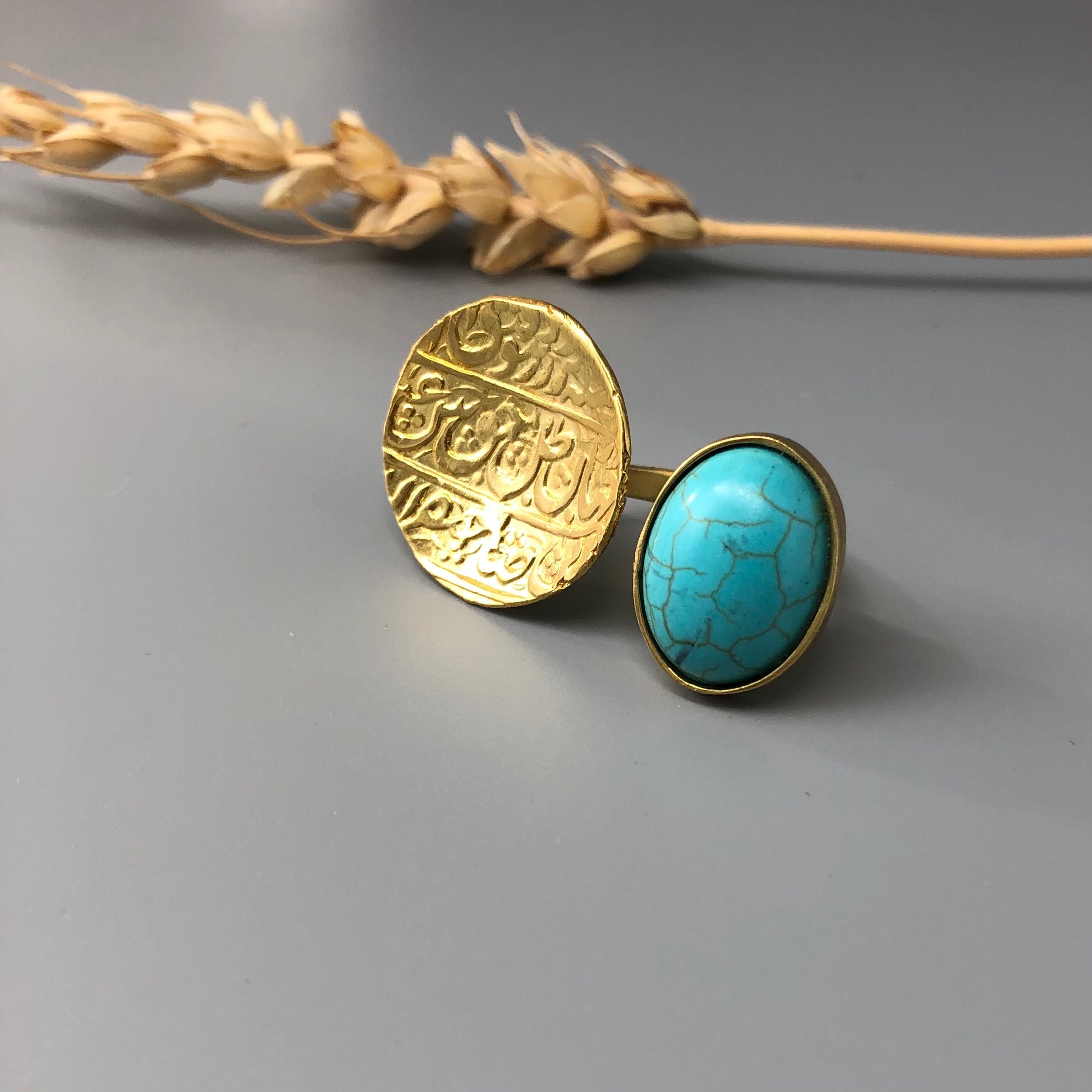Persian Turquoise Jewelry-Persian Coin Ring with Turquoise: Persian Jewelry-AFRA ART GALLERY
