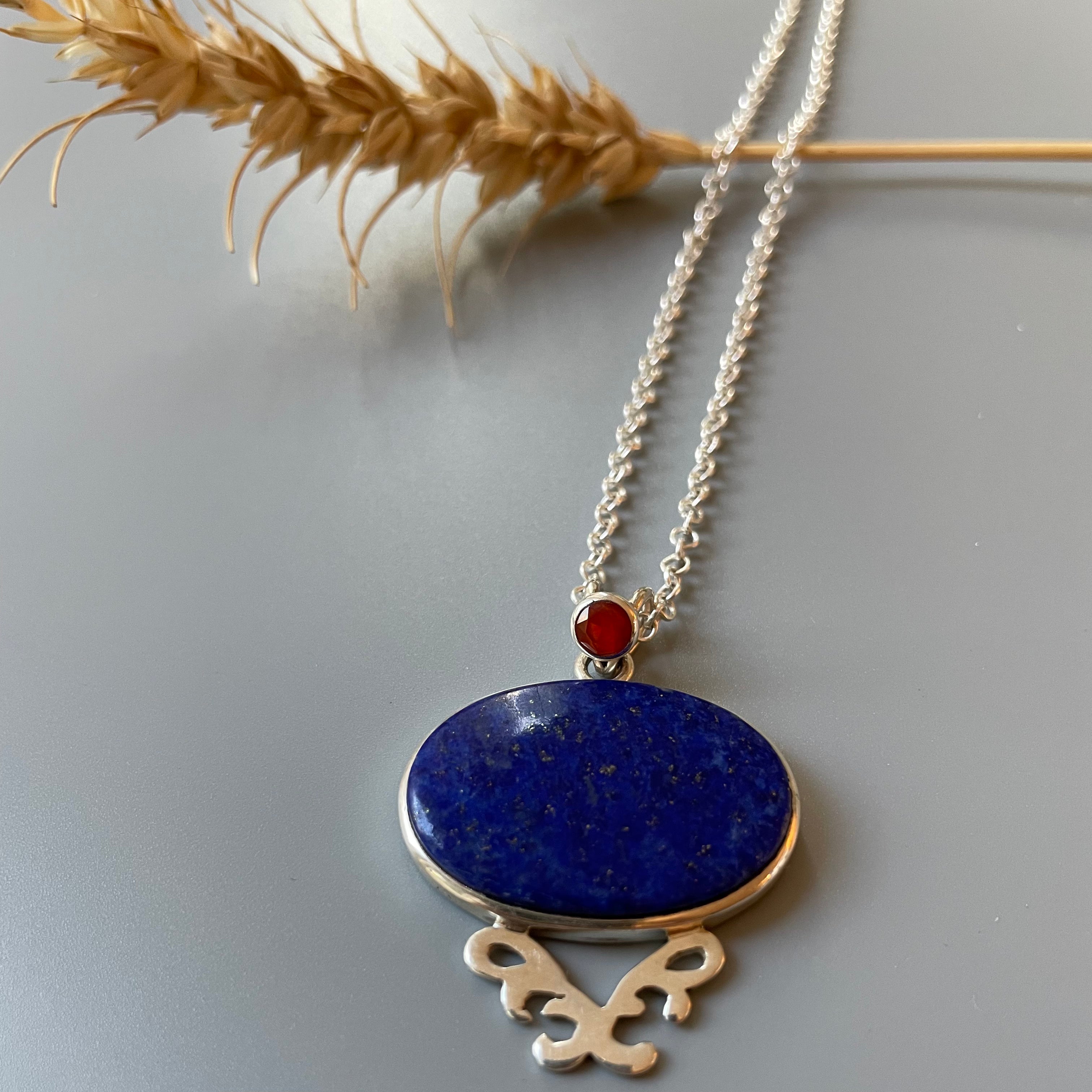 Persian Necklaces-Handmade Silver Necklace with Blue and Red Natural Gemstone: Persian jewelry-AFRA ART GALLERY