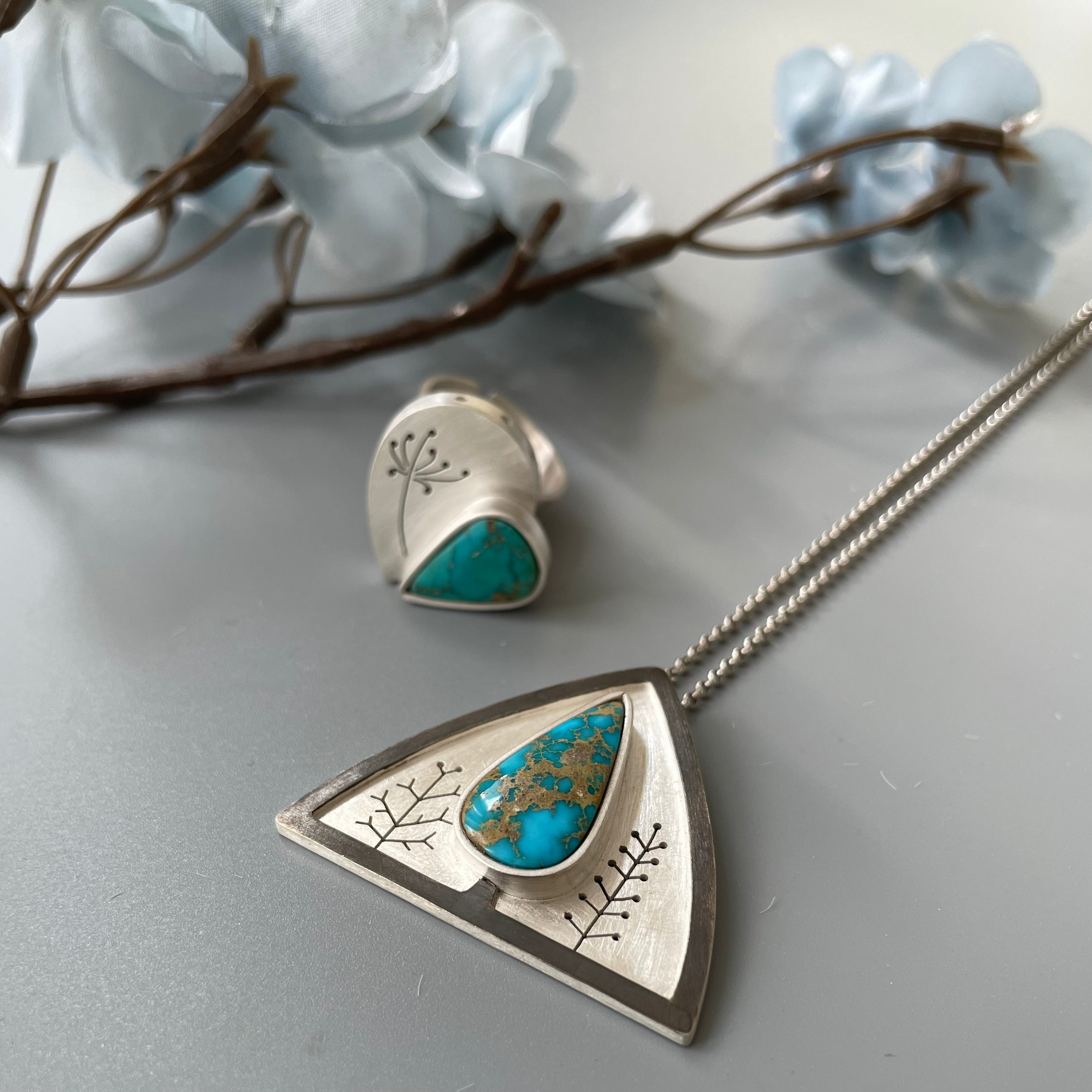 Persian Rings-Handmade Ring with Flower Pattern and Natural Turquoise: Persian Jewelry-AFRA ART GALLERY
